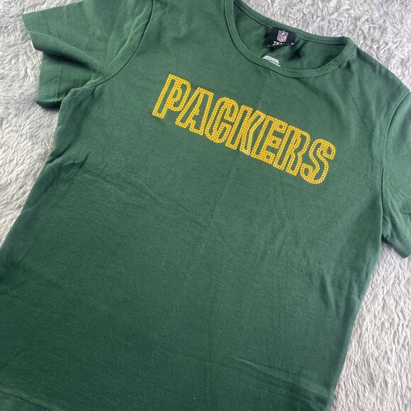 Green Bay Packers Shirt Womens Medium Green Yellow Spell Out NFL Football - Picture 1 of 7